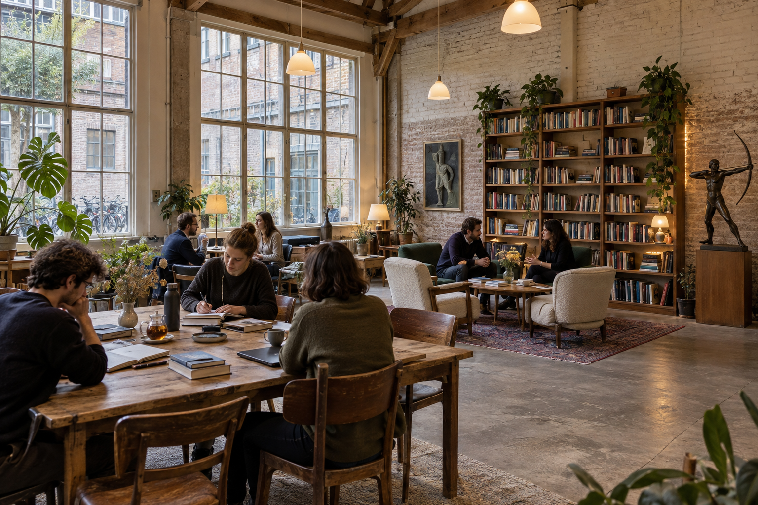Concept render of an intimate community room with shared tables, bookshelves and people in conversation